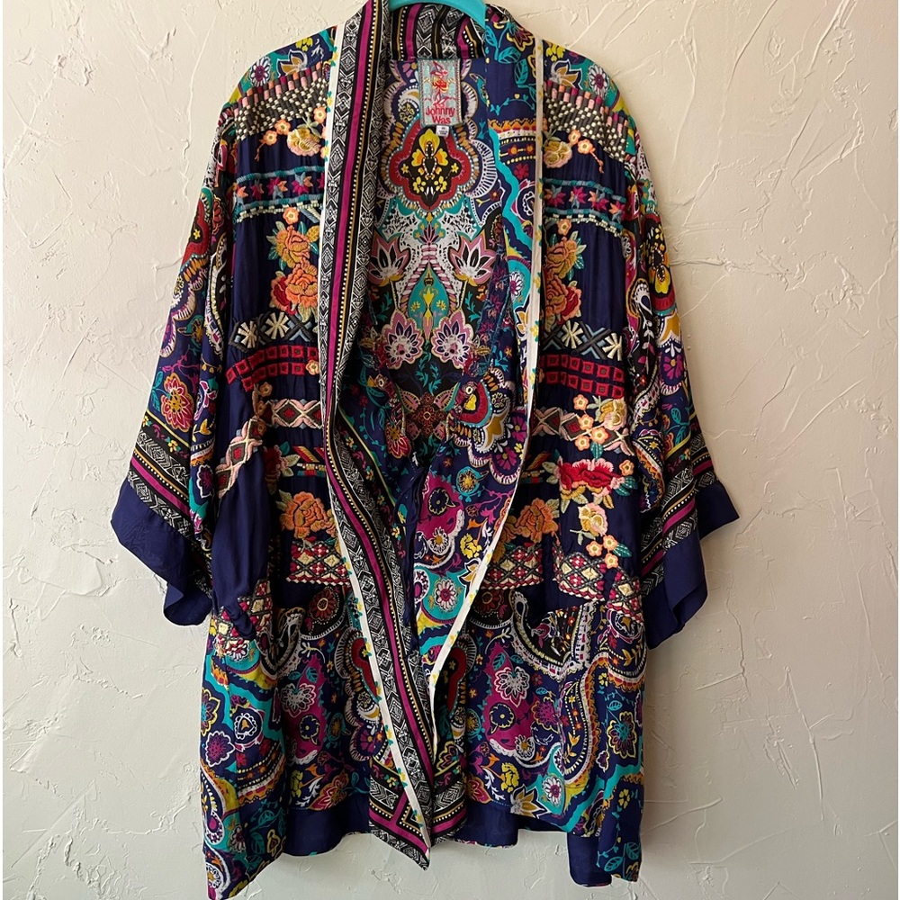 Johnny Was 100% Silk Kimono multi-colored embroidery size 2X, never worn